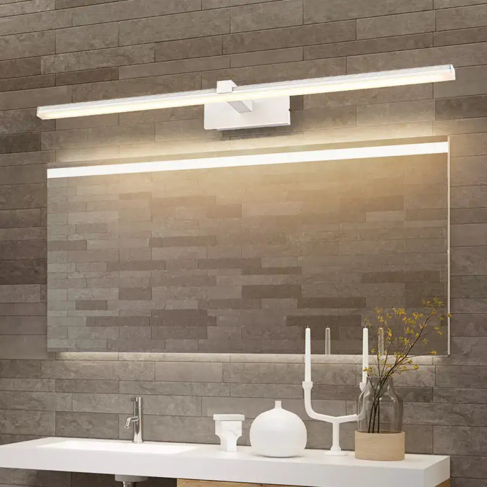 Minimalist white led wall mount light fixture with sleek rectangular design and integrated mounting bracket for bathroom vanity