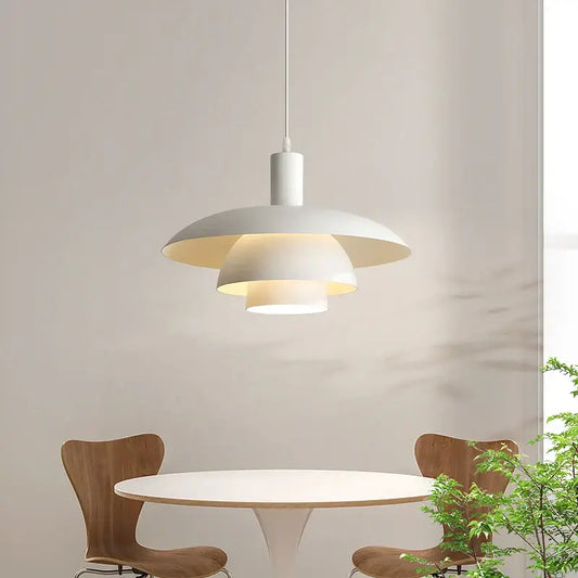 Minimalist white pendant lamp with layered petal-like shades and sleek stem in decorbites cream style for dining room