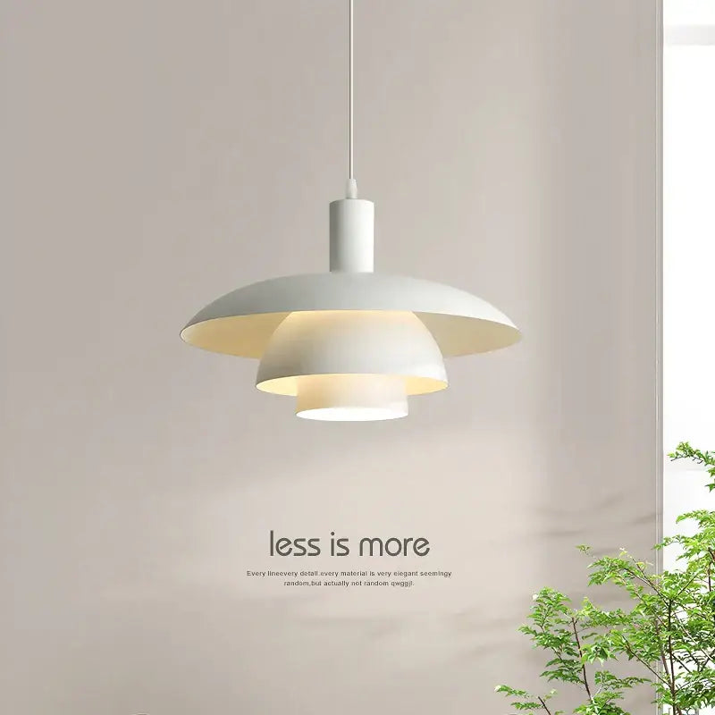 Minimalist white pendant lamp with layered disc-shaped shades and sleek stem in decorbites cream style for dining room