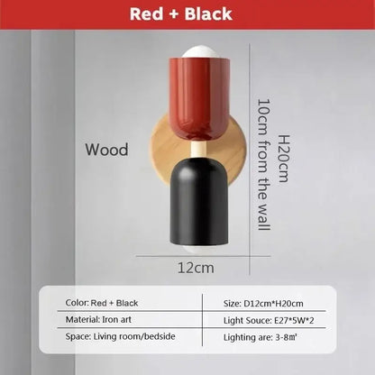 Red and black iron art wall lamp with wooden circular base for minimalist decorbites cream zipper wooden bedroom light