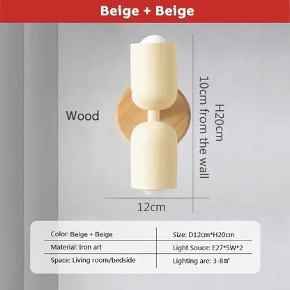 Beige two-tiered iron art wall lamp with wooden backplate for minimalist decorbites cream zipper wooden bedroom light