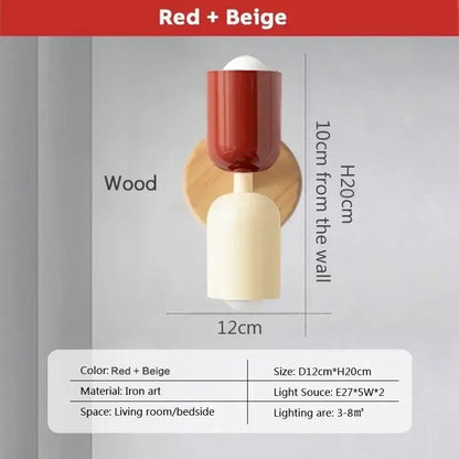 Red and beige iron art wall lamp with wooden circular base for bedroom decorbites cream zipper wooden light