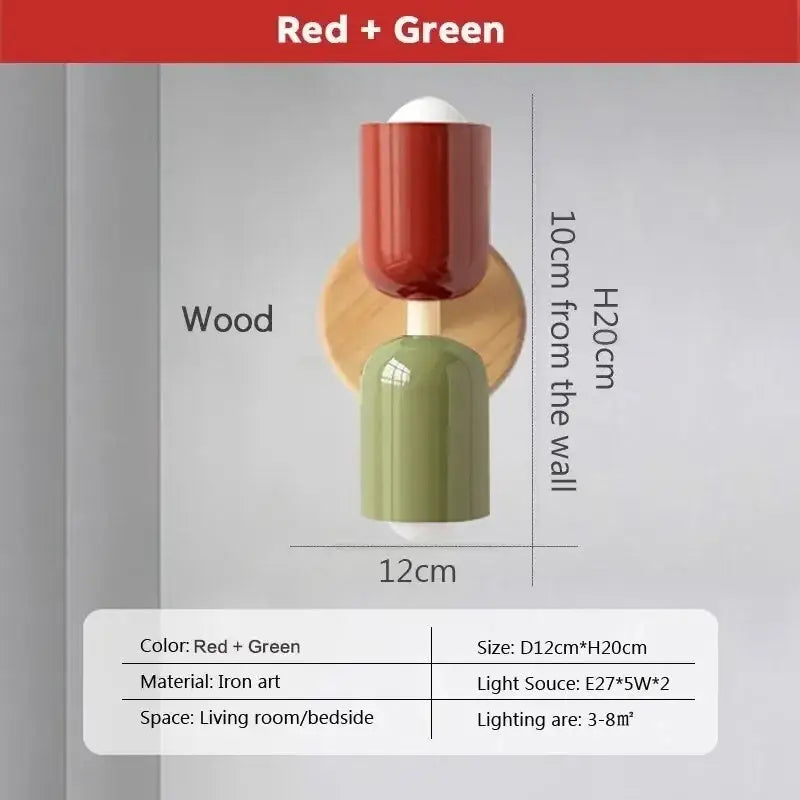 Red and green iron art wall lamp with wooden circular base decorbites cream zipper wooden bedroom light decor