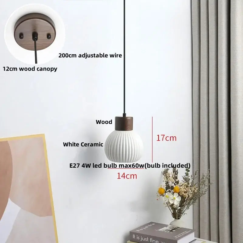 Minimalist white pleated ceramic pendant light with ribbed texture and wooden canopy for dining room decorbites ceramic led