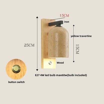 Minimalist wood and beige decorbites canopy led wall light with warm yellow travertine glass shade for bedroom sconce