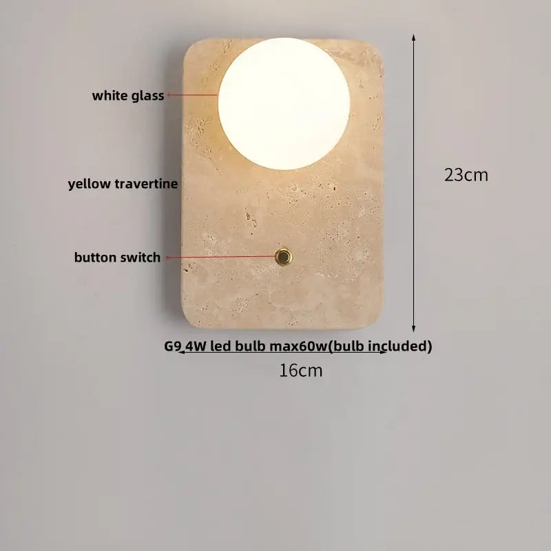 A minimalist canopy led wall light with a white glass lamp and yellow travertine base for bedroom decorbites canopy led