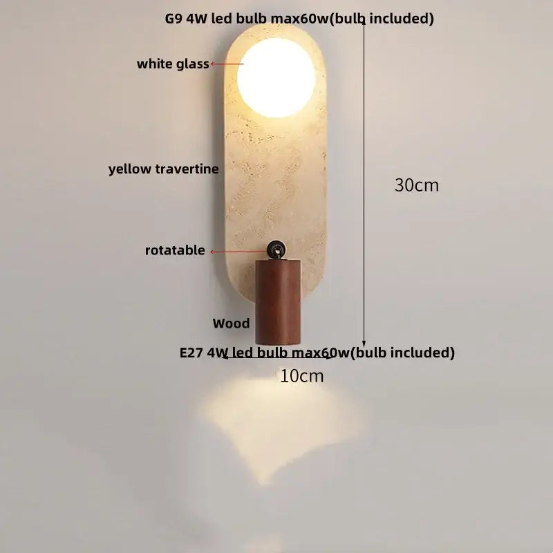 Minimalist yellow travertine decorbites canopy led wall light with white glass lens and wooden base for bedroom decor