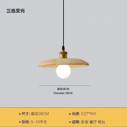Minimalist wood and brass pendant light with warm-toned shade, e27 socket, and three-color dimming led bulb features