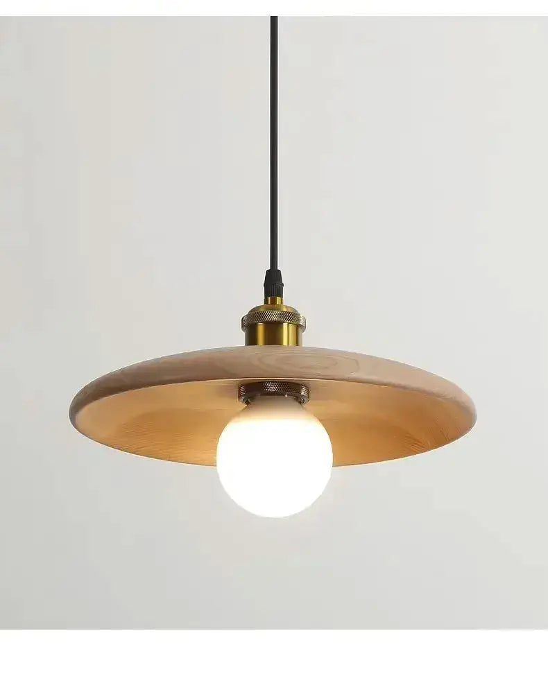 Minimalist pendant light with warm wood disc shade, brass accents, three-color dimming led bulb, ideal for dining room