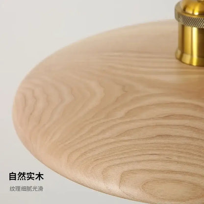Minimalist wood and brass pendant light with lightweight natural wood tabletop and three-color dimming led bulb
