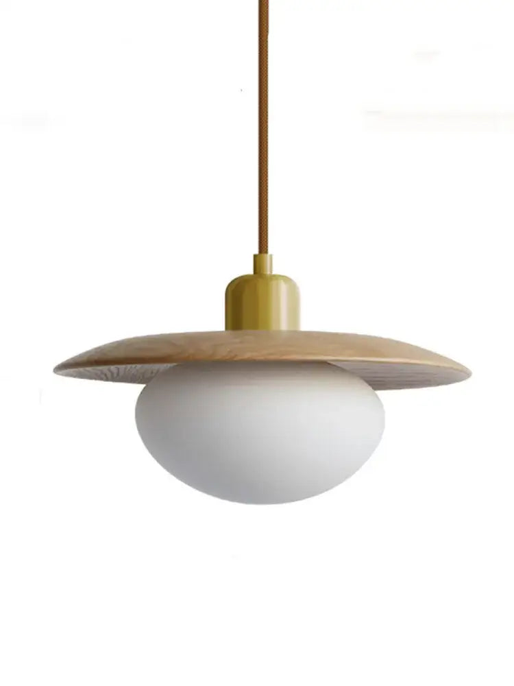 Modern pendant lights with warm brass rod, wooden disc shade, and frosted glass globe for dining room decorbites cream wind