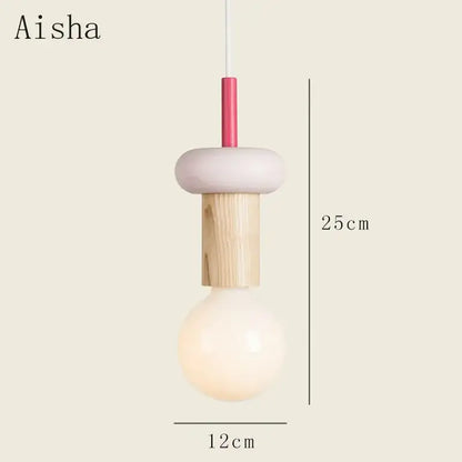 Aishaa minimalist wood and ceramic geometric bedroom pendant light with matte white ceramic donut and pink stem
