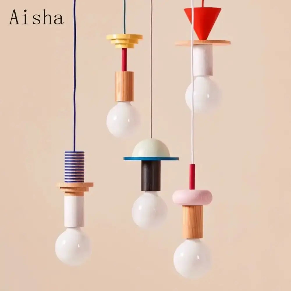 Colorful geometric bedroom pendant light with wooden and painted metal accents featuring white bulbs by decorbites geometric bedroom pendant