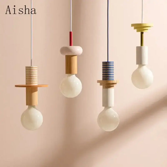 Minimalist wood and ceramic geometric bedroom pendant light with natural tones and colorful striped accents decorbites pendant light