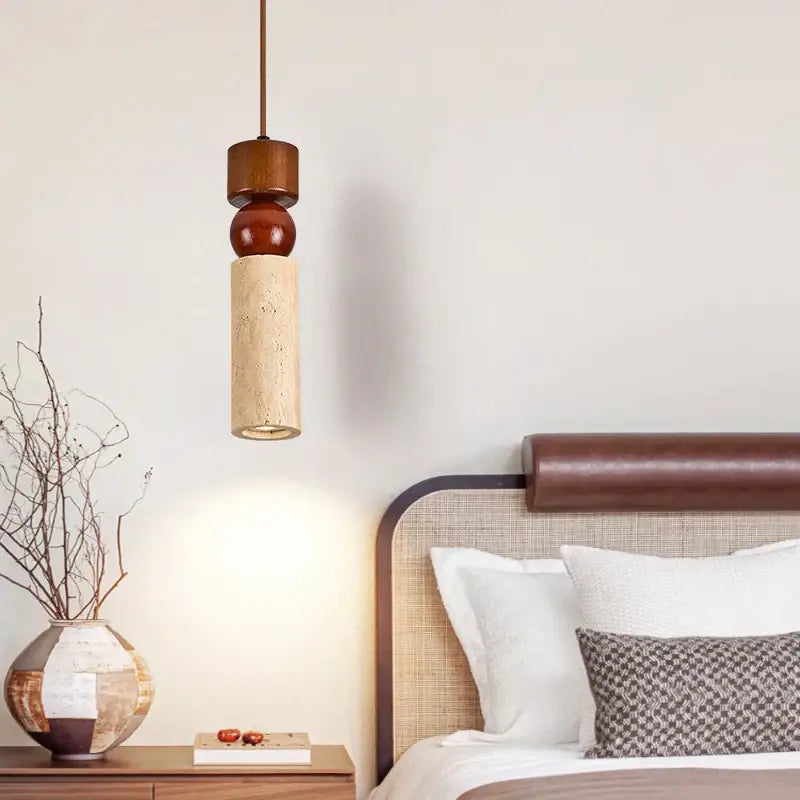 Minimalist wood and cuboid stone led pendant light with textured beige stone cylinder for dining room decorbites cuboid stone