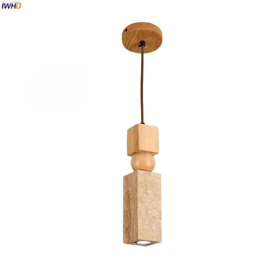 Minimalist wood and cuboid stone led pendant light with natural wood ceiling plate and warm beige geometric decorbites cuboid stone elements for dining room decor