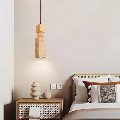 Minimalist wood and cuboid stone led pendant light with stacked geometric shapes and textured finish for dining room decorbites cuboid stone