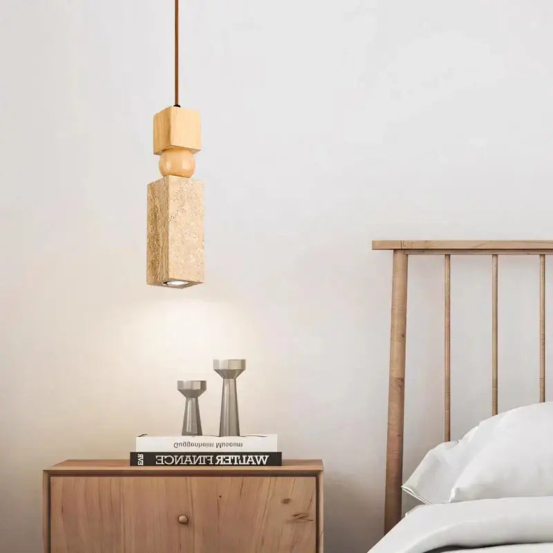 Minimalist wood and cuboid stone led pendant light with stacked geometric blocks and natural warm finish for dining room decorbites cuboid stone