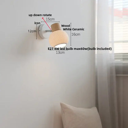 Minimalist wood and white ceramic led wall light bedroom lamp with vertical ridges and iron base for decorbites led wall use