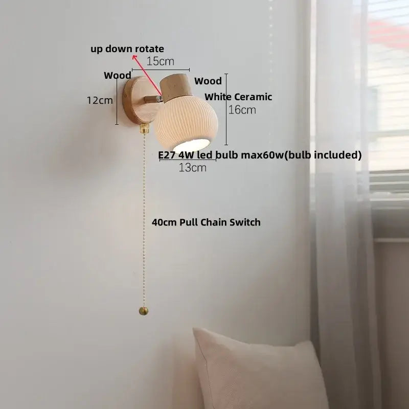Minimalist wood and white ceramic led wall light with ribbed shade and brass pull chain switch for decorbites led wall use