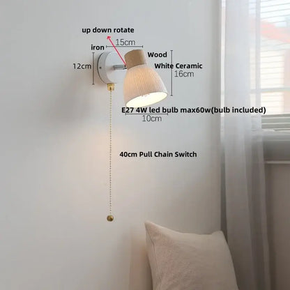 Minimalist wood and white ceramic led wall light with e27 4w led bulb for bedroom decorbites led wall