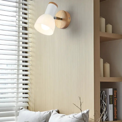 Minimalist wall lamp with white ceramic shade and natural wood base ideal for study room wall light