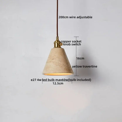 Minimalist cone-shaped led yellow travertine pendant light with textured shade and brass copper knob for dining room decorbites led yellow