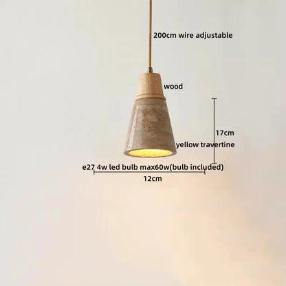 Minimalist cone-shaped pendant light with wood top and yellow travertine body for dining room decorbites led yellow design