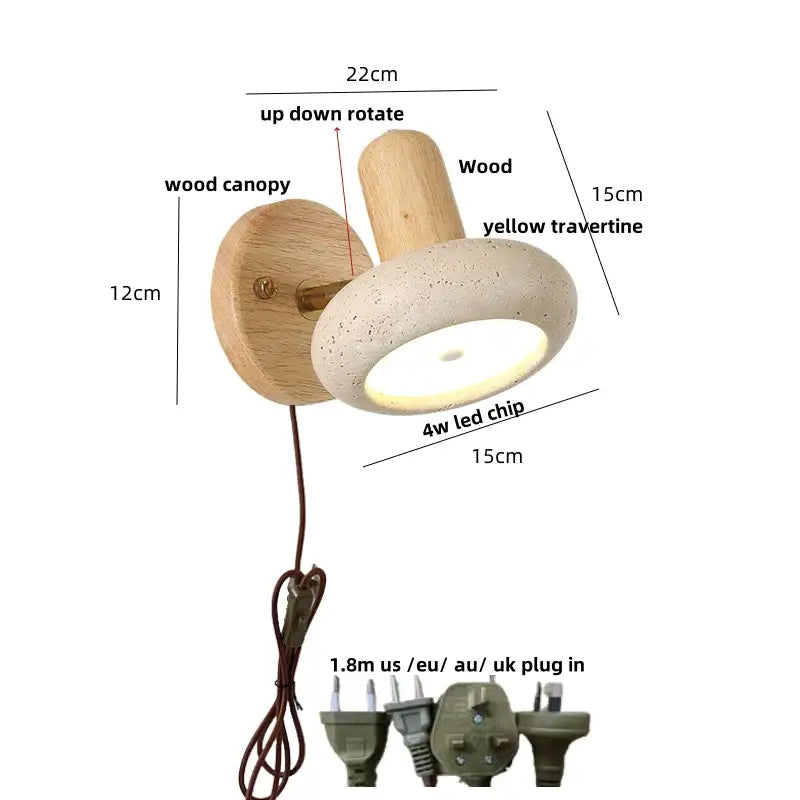 Minimalist wood and yellow travertine led wall sconce with adjustable rotation for bedroom decorbites led wall lighting