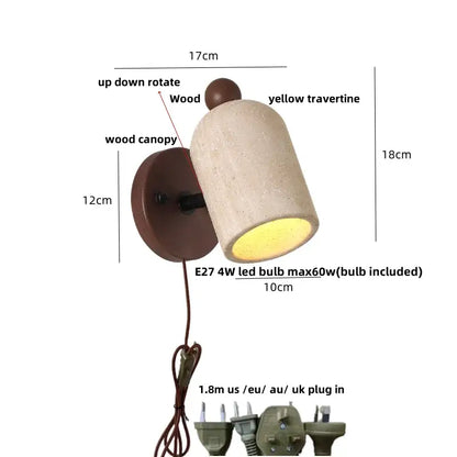 Rustic minimalist wood and yellow travertine led wall sconce with up-down rotating design for bedroom decorbites led wall lighting