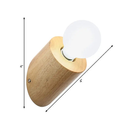 Minimalist wood wall lamp with angled pole and frosted light bulb in light-toned natural wood for bedroom or living room