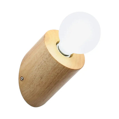 Minimalist wooden wall lamp with angled pole and frosted light bulb in light finish for bedroom or living room use