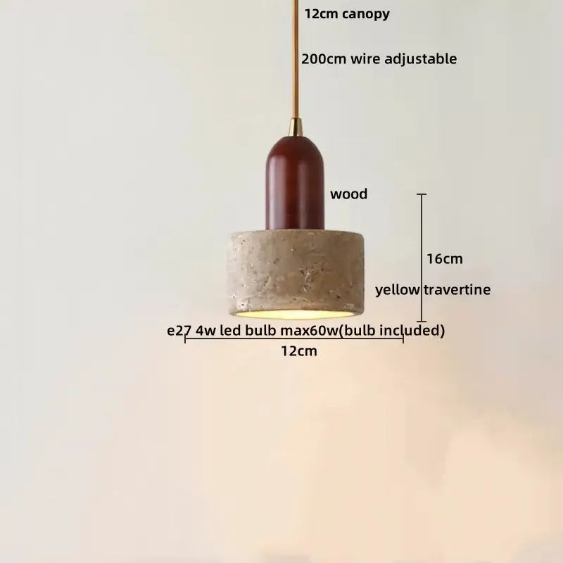 Minimalist yellow stone and wood led pendant light with cylindrical travertine base and adjustable brass wire suspension