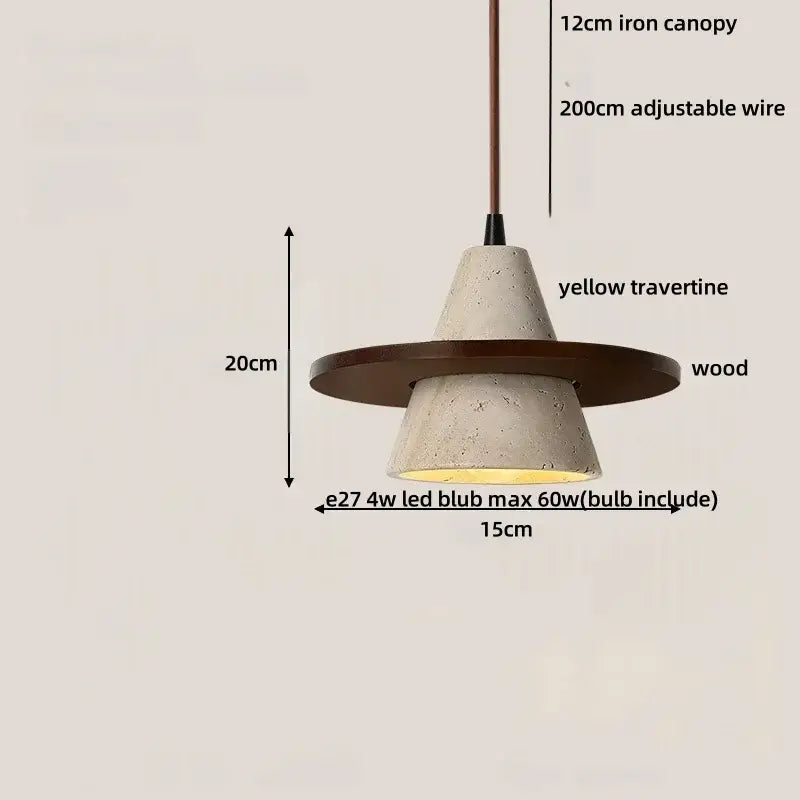 Minimalist yellow stone and wood led pendant light with a textured travertine cone and iron canopy for bedroom decorbites led wood