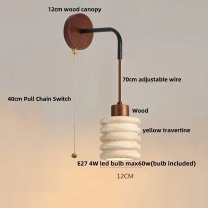 Minimalist yellow travertine adjustable led wall sconce with 12cm wood canopy and black wire arm for bedroom decorbites lighting