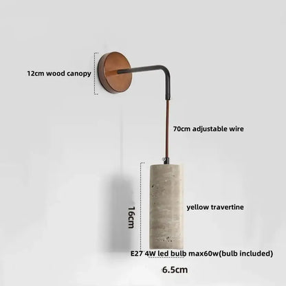 Minimalist yellow travertine adjustable led wall sconce with warm wood canopy and black wire arm for decorbites adjustable led wall lighting