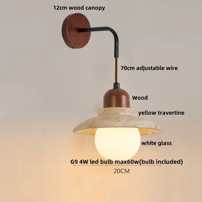 Minimalist yellow travertine adjustable led wall sconce with wood canopy and black wire for bedroom decorbites adjustable led use