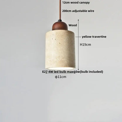 Minimalist cylindrical pendant light with textured yellow travertine stone body and dark wood canopy for dining room