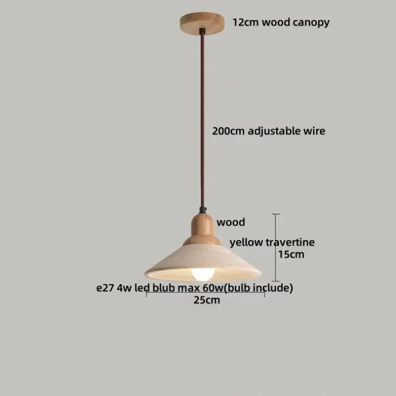 Minimalist yellow travertine stone pendant light with wooden canopy and adjustable wire for dining room lighting