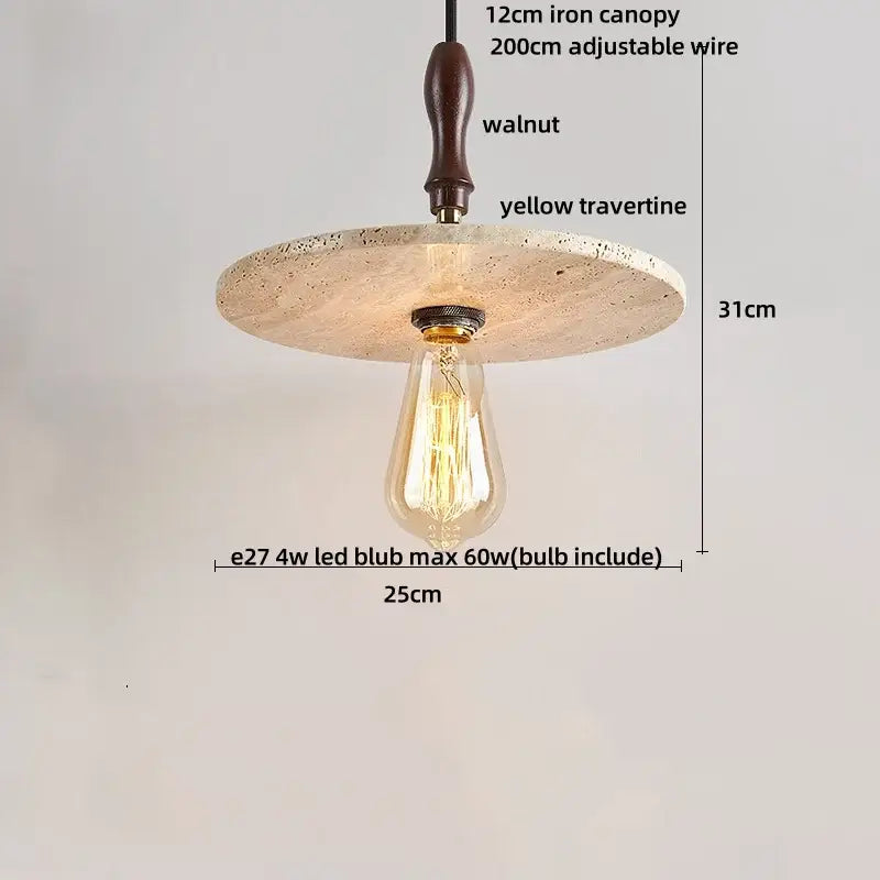 A rustic minimalist pendant light with a yellow travertine stone disc and walnut iron canopy for dining room lighting