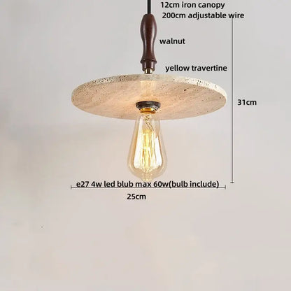 A rustic minimalist pendant light with a yellow travertine stone disc and walnut iron canopy for dining room lighting