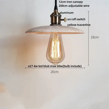 Minimalist yellow travertine stone pendant light with brass iron canopy and textured shade for dining room use