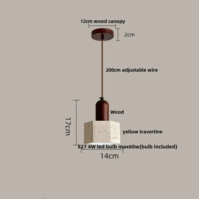 Minimalist yellow travertine stone pendant light with wood canopy and adjustable wire for dining room lighting