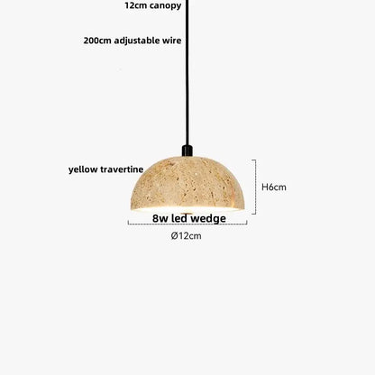 Minimalist yellow travertine stone pendant light with warm textured shade, 12cm canopy, and adjustable wire for dining room