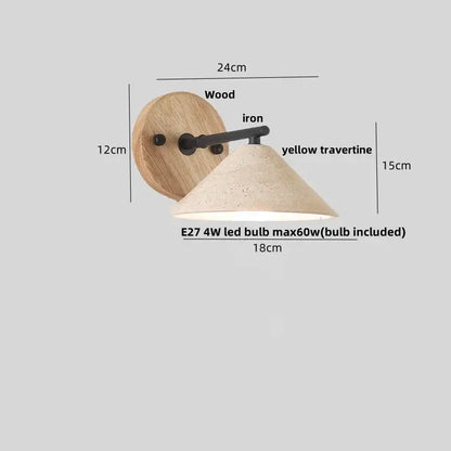 Rustic wall light with a round wood backplate black iron arm and conical yellow travertine shade decorbites led yellow