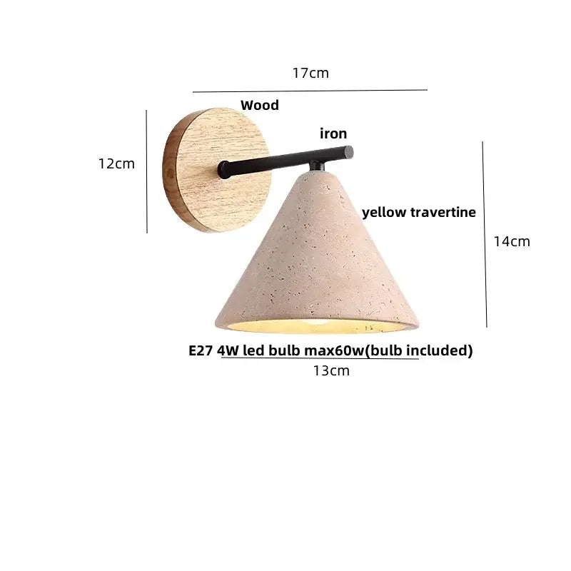 Minimalist wall light with yellow travertine conical shade wooden backplate and black iron arm for bedroom decorbites led yellow