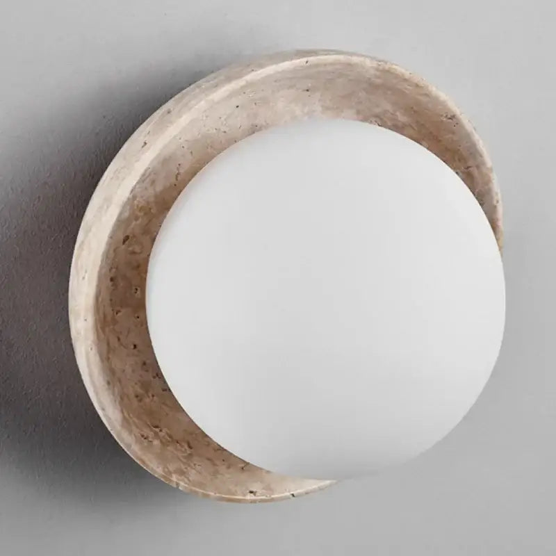 Minimalist yellow travertine led wall light with a textured stone frame and white glass diffuser for bedroom decorbites led wall