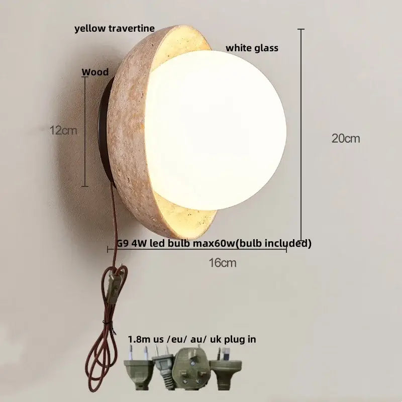 Minimalist yellow travertine and white glass led wall light with rounded shell for decorbites led wall bedroom lighting