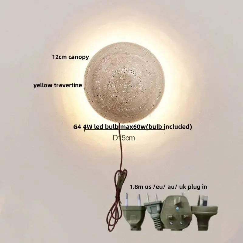 Minimalist yellow travertine and white glass led wall light with 15cm diameter and 12cm canopy for decorbites led wall use