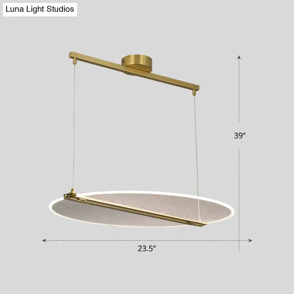 Decorbites minimalistic acrylic dining pendant light in gold with a circular mesh shade and folding island light design